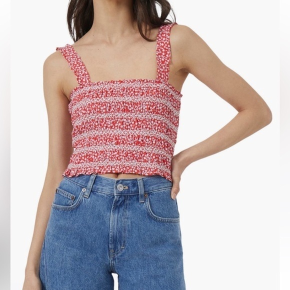 French Connection Smocked Hibiscus Multi Red Organic Cotton Tank Top Sz 6 NWT - Picture 1 of 16